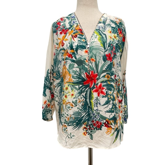 Sandro Silk Floral 3/4 Sleeve Ivory Green Blouse Size 1 Small - Picture 1 of 12
